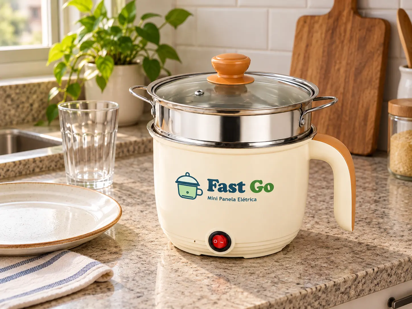 Mini Panela Fast Go sobre a bancada de uma cozinha pequena do dia a dia