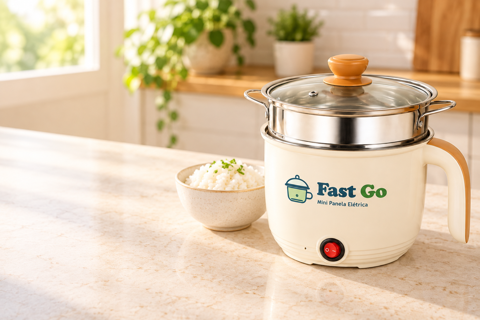 Mini Panela Elétrica Fast Go com tampa de vidro e logo Fast Go no corpo
