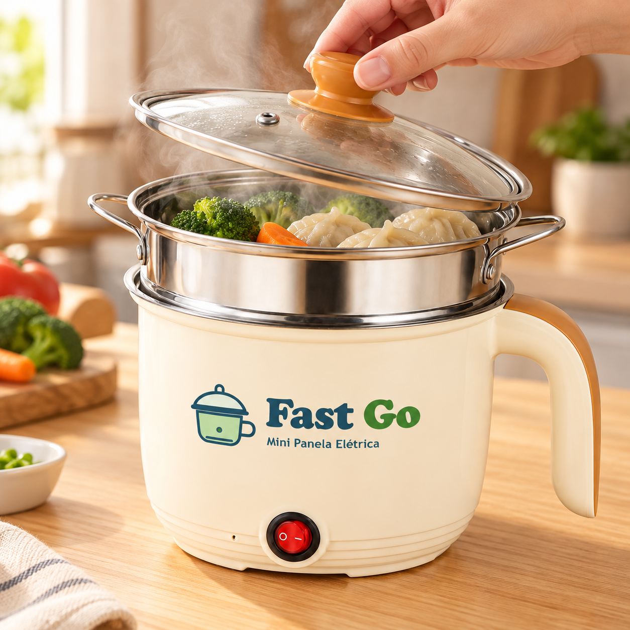 Close da Fast Go mostrando tampa de vidro, corpo com logo, alça lateral e comando